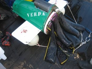 Figure 6: The multiple cod-ends (black bags) of the VERDA multisampler, filled with small organisms caught at different depths!